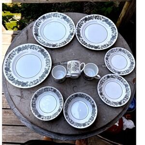 Vintage Manitou Dinnerware Set White Black Floral Ironstone Grindley 8pc Mixed